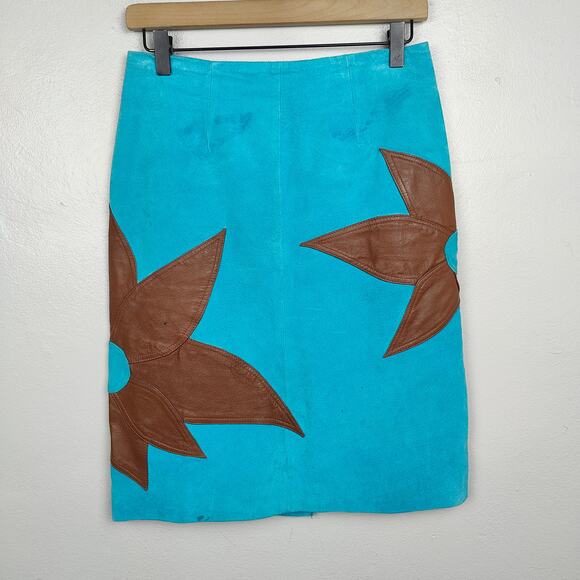 Vintage Metrostyle Suede Skirt Womens 4‎ Blue Brown Flower Print Western Y2K - Picture 1 of 8
